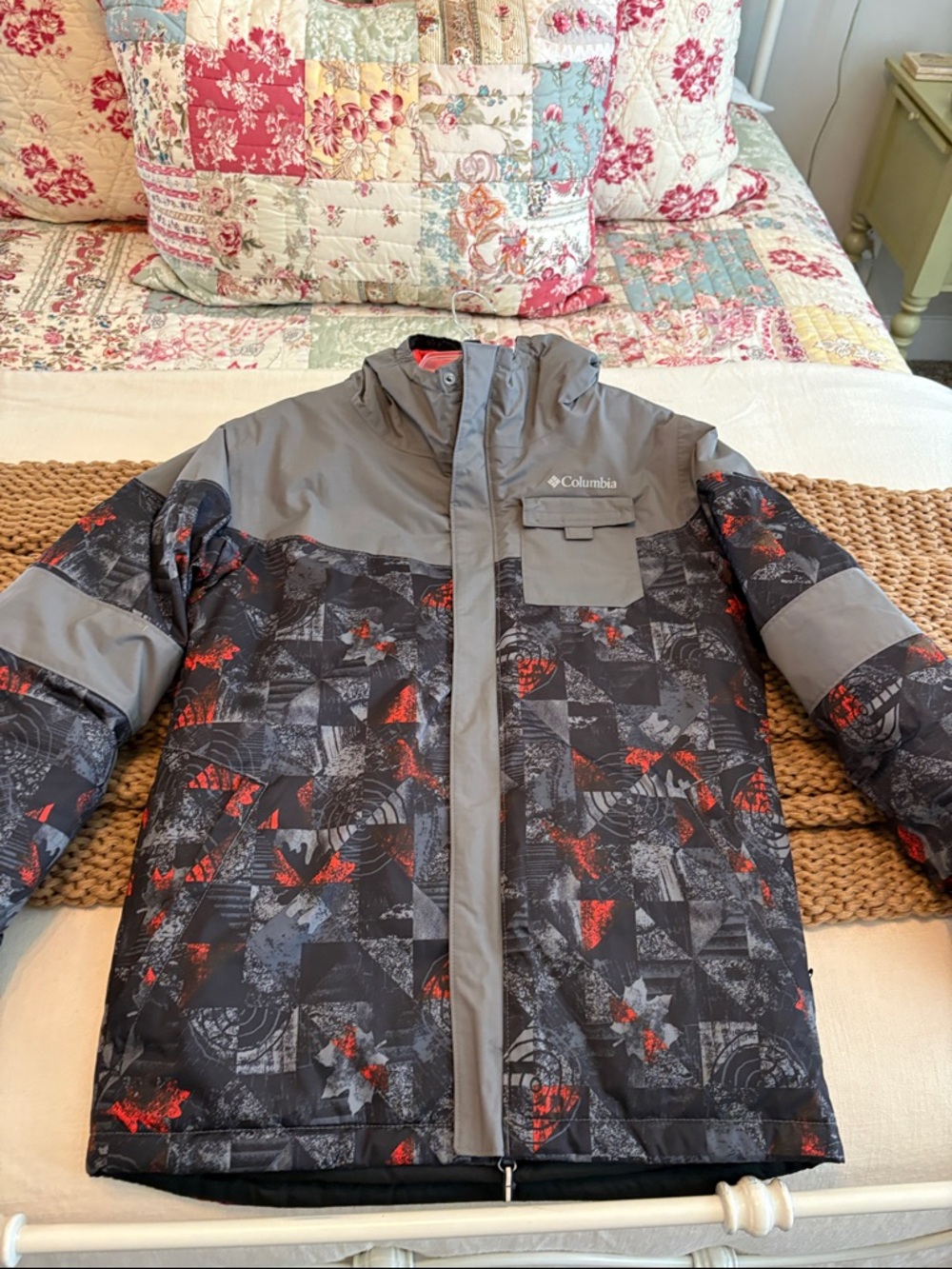 Columbia Gray, Black and Red Geometric-Print Kids Puffer Jacket